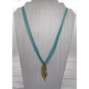 Beaded Necklace Teal w/ Gold Feather